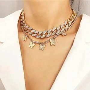 Womens Cuban Link Butterfly Iced Out Gold Necklace